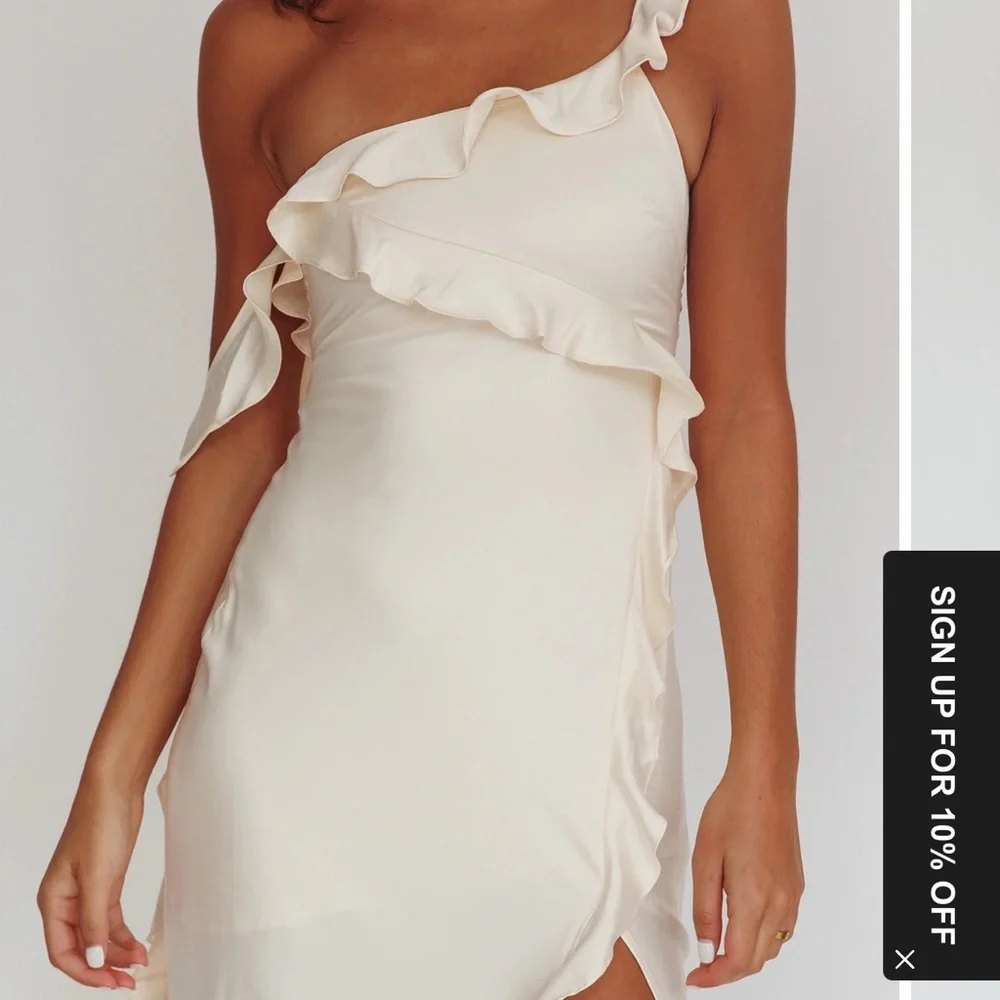 Selfie Leslie One-Shoulder Satin Ruffle Midi Dress in Butter - Picture 3 of 4